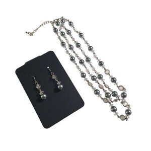 Silver Tone Necklace Earrings Set Gray Faux Pearls Crystals 15-18 Inch Chain